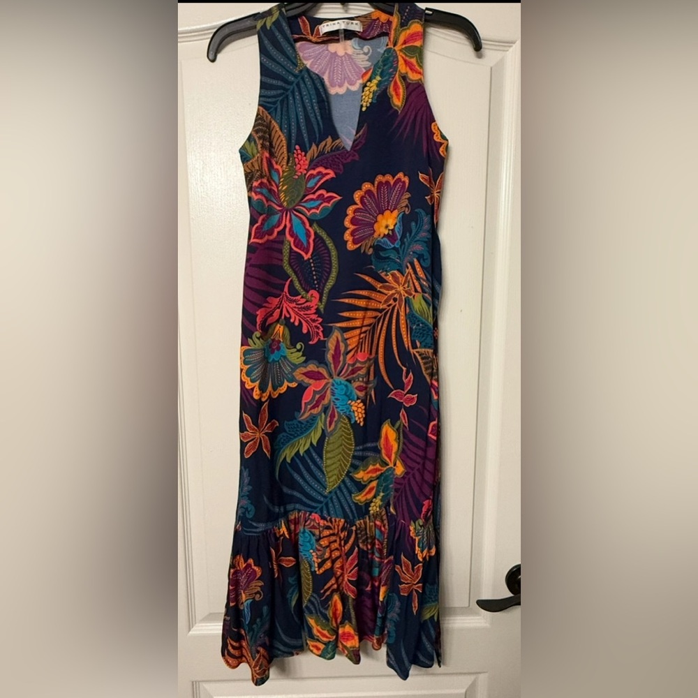 🌺 Trina Turk XS Sleeveless Tropical Floral Dress Navy Rayon Midi Back Tie